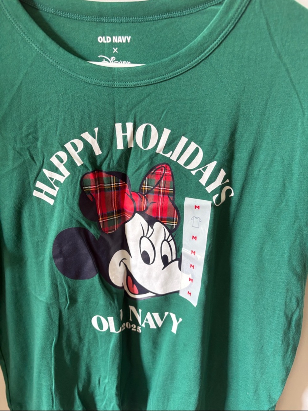 Old Navy Green Minnie Mouse Holiday Graphic Tee with Red Plaid Bow